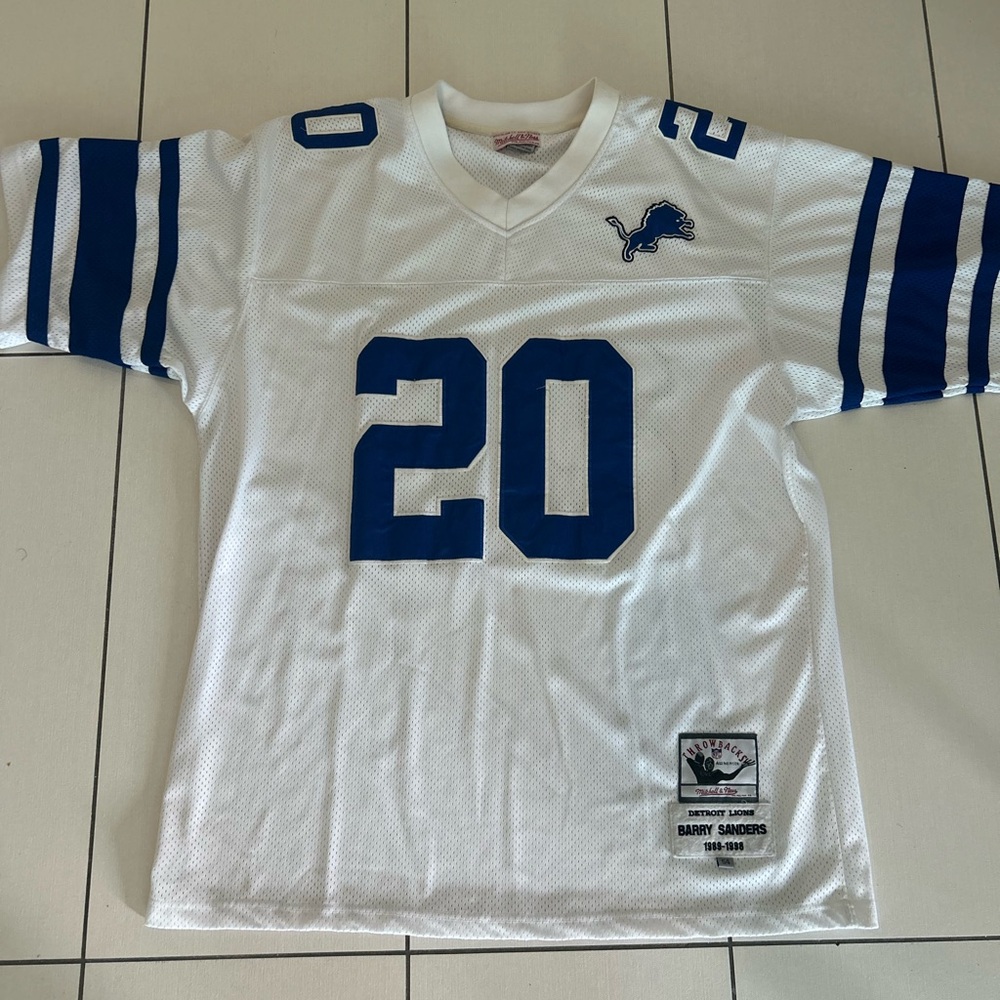 Mitchell & Ness Detroit Lions #20 White and Blue Barry Sanders Jersey